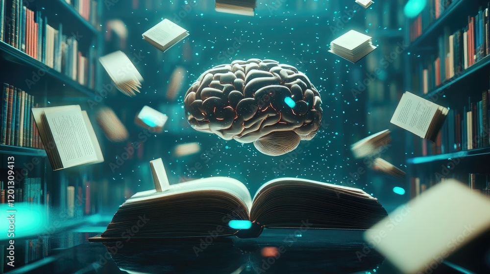 Poster a brain absorbing knowledge from books in a library