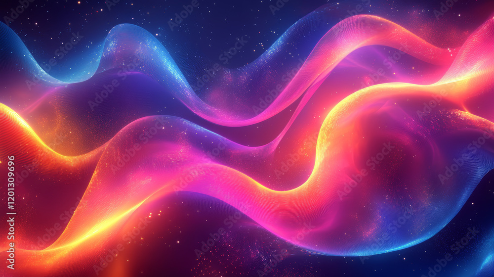 Poster neon-highlighted fluid waves add depth and motion