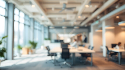 Blurred empty open space office. Abstract light bokeh at office interior background. Generative AI