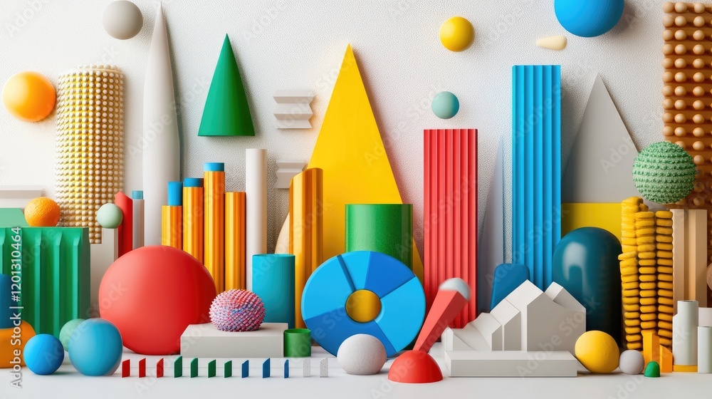 Poster abstract d pie and bar graphs in vibrant colors, arranged against a minimalistic white background to