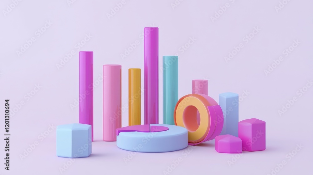 Poster abstract d pie and bar graphs in vibrant colors, arranged against a minimalistic white background to