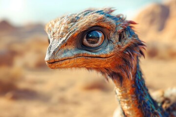 Close-up Portrait of a Juvenile Dino-Bird in a Desert Setting