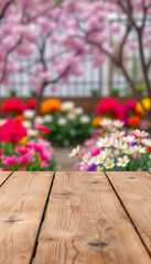 An empty wooden table top overlooking a blooming spring garden. Blurred background, colorful, with white tones