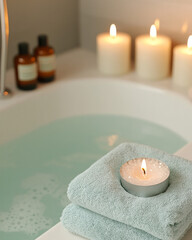 A cozy aromatherapy bath setup with bath salts, essential oils, and candles creating a relaxing ambiance,