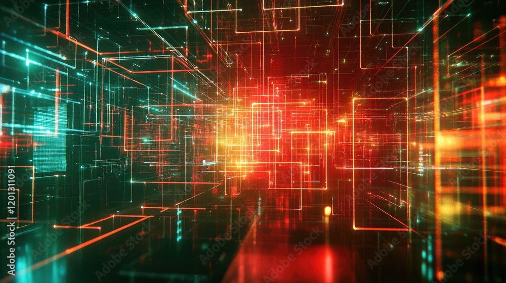 Poster abstract digital grid with interconnected nodes and glowing lights, representing data flow and high-