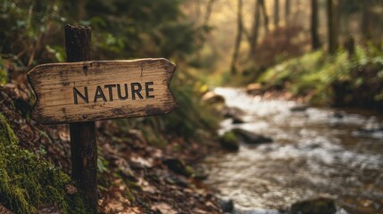 Wooden sign points towards forest path with stream.
