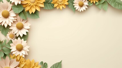 Fototapeta premium Beautiful Floral Frame with Paper Flowers and Green Leaves Design