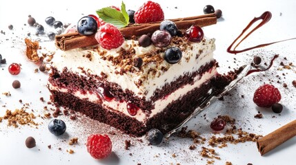 National Black Forest Cake Day Decadent chocolate berry cake with cream, cinnamon sticks, and fresh fruit garnish