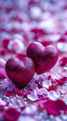 Obraz premium Romantic decoration with glittery hearts on flower petals for celebrations or special occasions