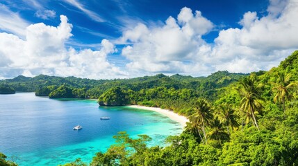 Tropical Island Paradise: Serene Beach and Lush Landscape. A Perfect Vacation Destination.