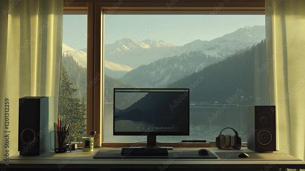Poster mountain view workspace with computer and speakers