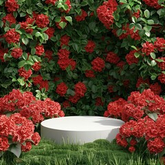 Vibrant Red Flowers Surrounded by Lush Green Foliage in Garden Space