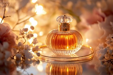 Elegant perfume bottle surrounded by soft blossoms and warm lights in a cozy setting. Generative AI