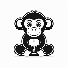 Cute Monkey Logo Design in Black and White Outline Style
