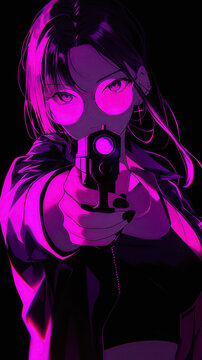 Attractive badass anime woman wearing sunglasses and pointing a gun on black background with edge lighting