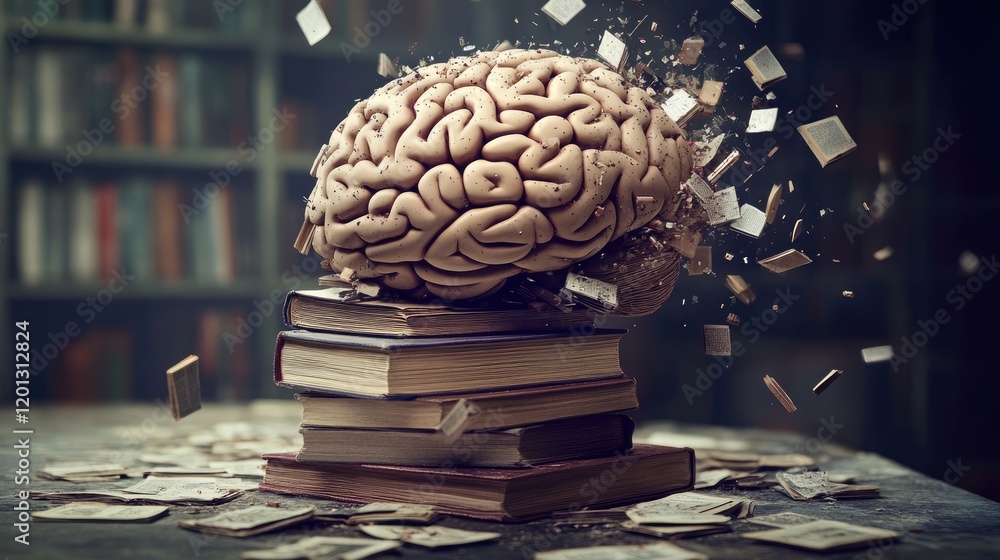Poster exploding brain over stack of books knowledge overload