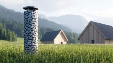 Stone pillar in grassy field with mountain view