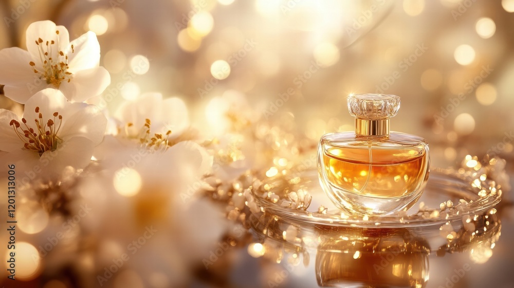 Poster elegant fragrance bottle surrounded by soft flowers and warm lights in a serene setting during eveni