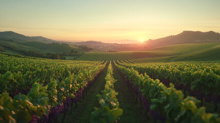 A picturesque vineyard at sunset, with rows of grapevines stretching into the horizon and a backdrop of rolling hills,