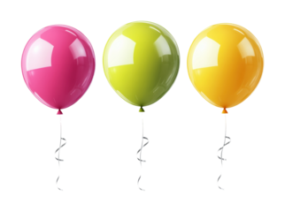 Vibrant green yellow and pink balloon set for celebrations festive atmosphere high fidelity presentation isolated on transparent background png
