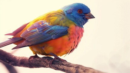 A close-up of a vibrant bird perched calmly on a branch, with a soft white background and clear, sharp details.