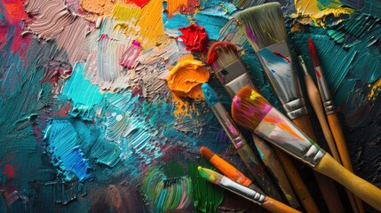 Fototapeta premium Artistic Paint Palette with Multiple Brushes and Vibrant Colors