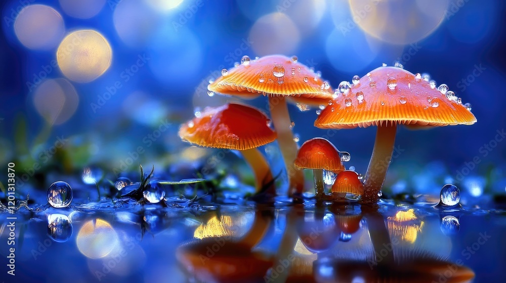 Poster an artistic composition of mushrooms with droplets of water reflecting the surrounding environment, 