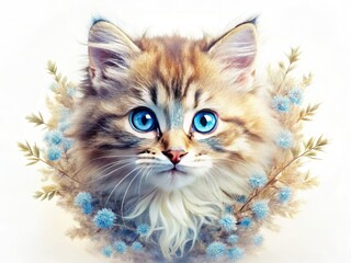 Surreal double exposure: a fluffy kitten with luminous blue eyes against a white backdrop.