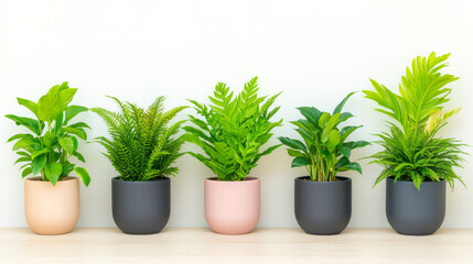 Obraz premium A modern indoor plant arrangement featuring a variety of ferns, ivy, and peace lilies in stylish pots and planters,