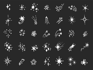 Hand drawn twink glare star doodle sketch. Minimalistic simple bursting space art elements.