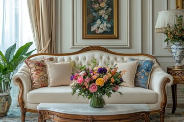 Elegant living room with floral arrangement on a stylish coffee table