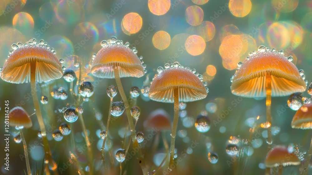 Poster an artistic composition of mushrooms with droplets of water reflecting the surrounding environment, 