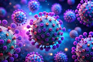 Microscopic Virus: Close-up of Purple and Blue Illuminated Viral Particles