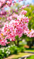 Obraz premium Pink cherry tree blossom flowers blooming in springtime against a natural sunny blurred garden banner background of blue and white bokeh, Dynamic motion