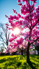 Fototapeta premium Spring border or background art with pink blossom. Beautiful nature scene with blooming tree and sun flare, Colored gel lighting, with white tones