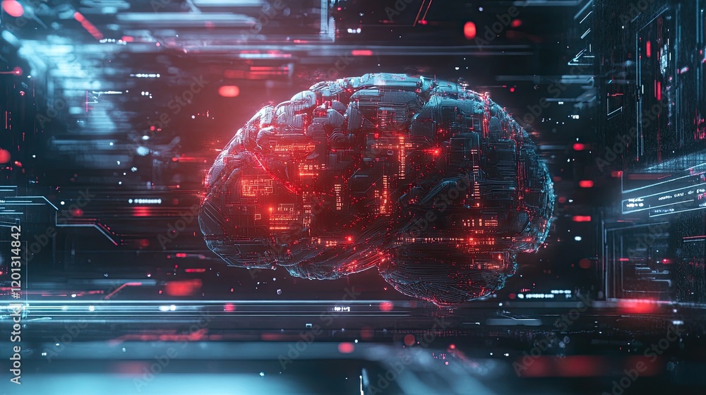 Poster a digital brain illuminated with circuitry lines