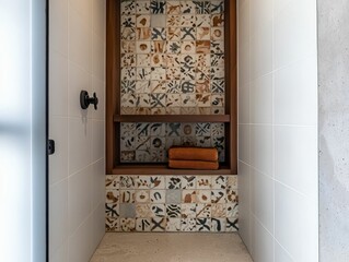Shower stall with patterned tiles and towels.