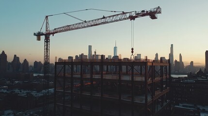 Obraz premium Construction crane over building frame at sunset, city skyline.