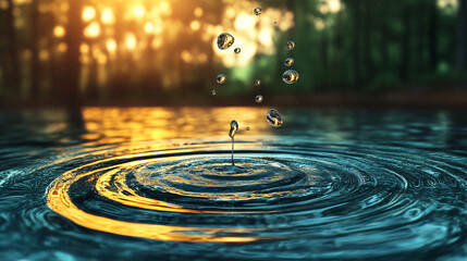 Gentle ripples on a golden water surface with soft bokeh light, ideal for creating serene, peaceful backgrounds for wellness, beauty, spa, and eco-friendly advertising. 