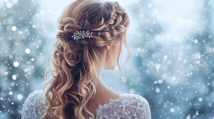 Fototapeta premium An artistic shot of a half-up, half-down hairstyle with loose curls, complemented by a stylish hairpin, set against a softly lit room for an enchanting feel
