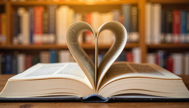 Open book forming heart shape in warm library, symbol of knowledge