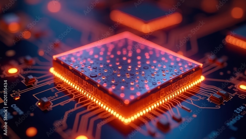 Poster close-up of a glowing graphene microchip on a circuit board, illuminating details of technology in a