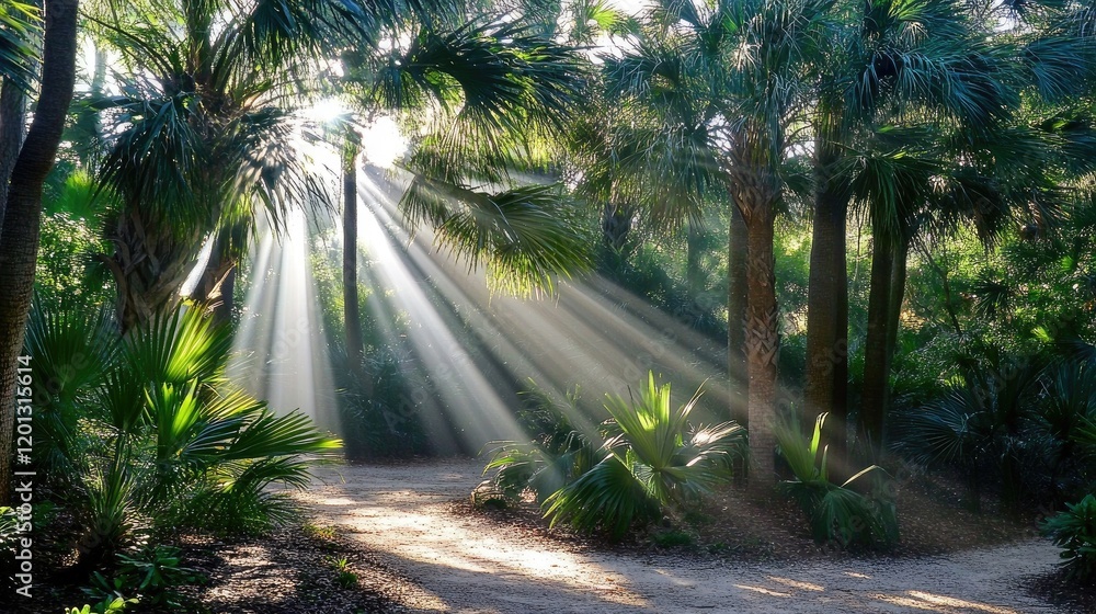 Poster an artistic shot of rays of sunlight filtering through dense trees in a forest, creating a magical a