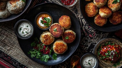 An artistic shot of fried meatballs placed on a textured tablecloth, accompanied by colorful sauces and garnished with fresh herbs, creating an inviting dining experience