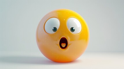 A highly detailed close-up of a shocked face emoji, its wide eyes and open mouth clearly visible with realistic light reflections, against a pure white background.