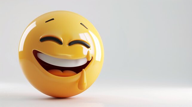 A high-resolution close-up of a laughing emoji with tears, the details of the glossy yellow surface and tears captured clearly, against a white background. - Powered by Adobe