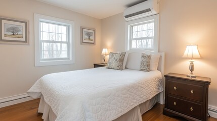An elegantly designed white bedroom with minimalist decor, including a sleek bedside table and modern lamps, emphasizing simplicity and tranquility