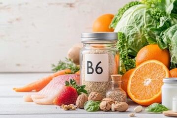 Elegant vitamin B6 jar showcased with vibrant fresh ingredients on a warm wooden countertop