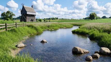 Scenic landscape with a windmill, stream, and lush greenery.