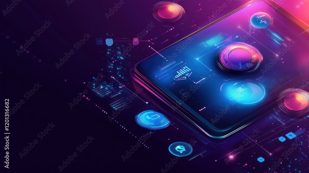 Poster futuristic smartphone interface displays digital security system